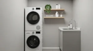 Stacked washer and dryer saving space in a narrow laundry room