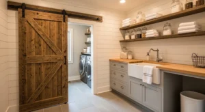 Barn door laundry room decor