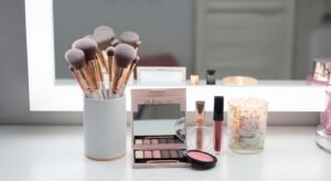 Vanity setup with soft pastel color accents