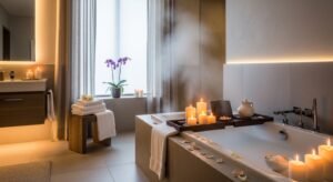 Cozy reading nook by the window with soft lighting