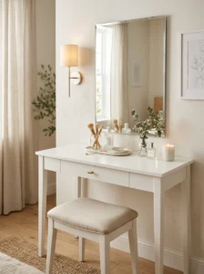 Minimal white vanity table with clean and simple design