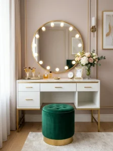 Glam vanity with gold accents and soft luxury feel