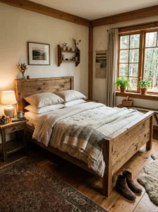 Rustic wooden bed frame creating a warm bedroom focal point