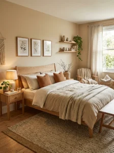 Wood furniture in warm neutral bedroom design