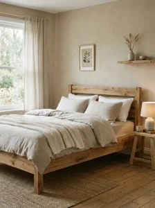 Wooden bed frame with natural raw finish in bedroom