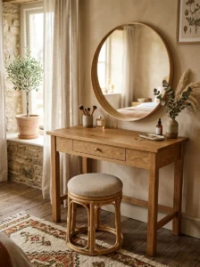 Wooden vanity with warm natural textures