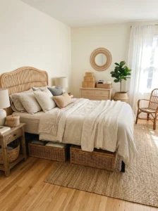 Woven baskets used for bedroom storage