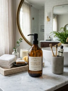 Stylish soap dispensers on a modern bathroom vanity
