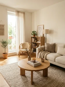 Round coffee table styling in a modern small living room