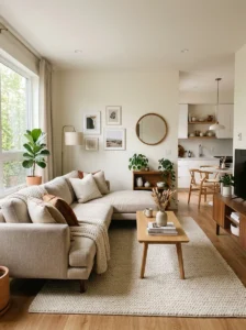 Corner sectional sofa layout in a modern small living room