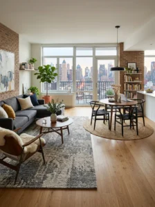 Rugs used to define spaces in apartment