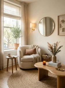 Round woven rug in a cozy apartment living room