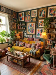 artistic decor maximalist room abstract art colorful cozy space
