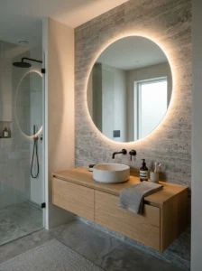 Backlit mirror adding soft lighting to a modern bathroom