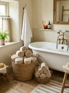 Woven baskets storing towels in bathroom