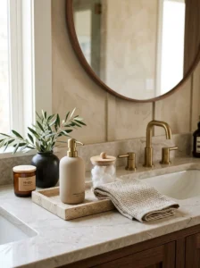 Bathroom countertop organized with decorative trays