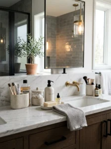 Organized bathroom essentials on a clean vanity counter
