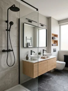 Matte black fixtures adding contrast to bathroom