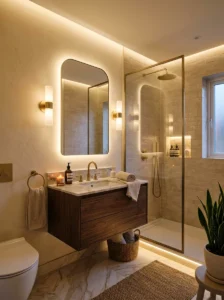 Soft layered lighting in a luxury small bathroom remodel