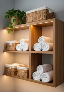 Cozy bathroom open shelving with minimal styling