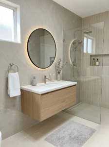 Neutral bathroom tile colors in a bright modern bathroom