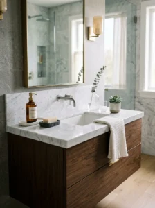 Minimal luxury bathroom vanity with clean countertop styling