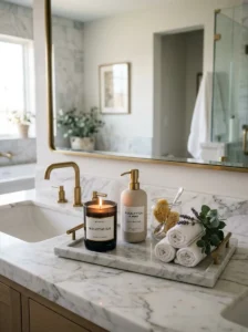 Bathroom vanity tray with organized luxury decor accessories