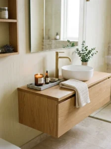 Minimal vanity styling in spa bathroom