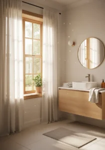 Soft linen curtains in spa-like bathroom