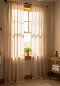 Linen curtains adding softness to cozy bathroom