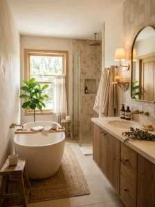 Warm neutral bathroom color palette creating cozy feel