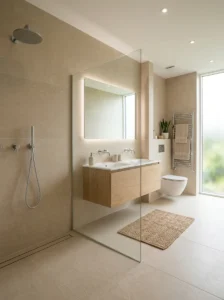 Large neutral tiles creating seamless bathroom look