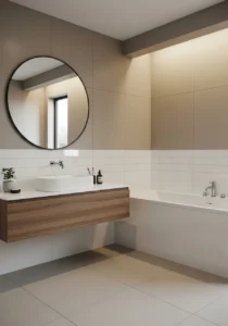 Beige and white tile bathroom with cozy look