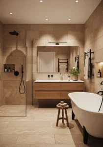 Matte black fixtures in luxurious bathroom