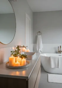 Candles adding cozy atmosphere to bathroom