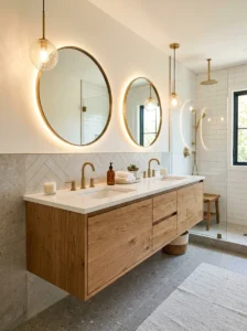 Floating wood vanity in modern bathroom