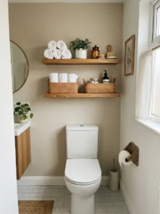 Floating shelves above toilet in organized bathroom