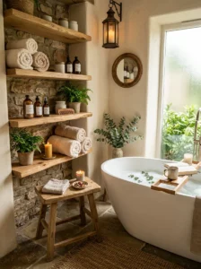 Warm wood details in relaxing spa bathroom