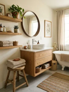 Wooden accents adding warmth to bathroom