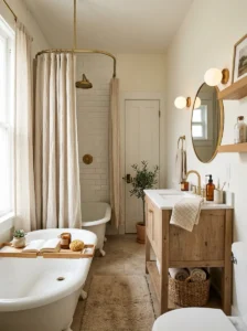 Linen shower curtain in cozy spa bathroom