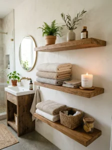 Minimal open shelving in modern bathroom