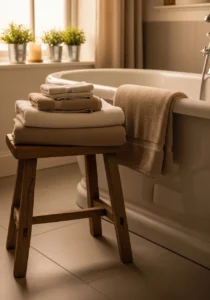 Wooden stool adding comfort to bathroom