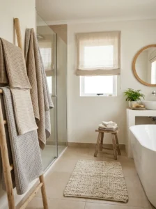 Soft textured fabrics adding warmth to bathroom