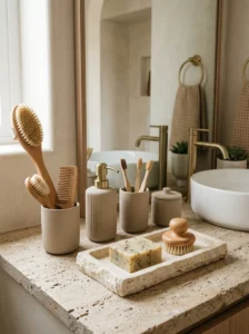 Stone and wood bathroom accessories in spa bathroom
