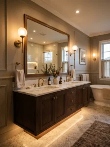 Frameless glass shower in luxurious modern bathroom