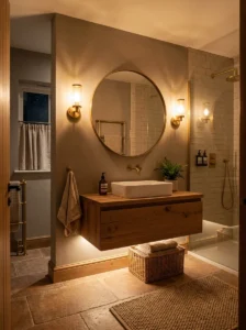 Soft layered lighting in cozy bathroom