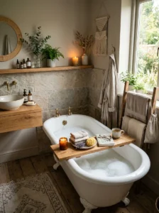 Wooden bath tray in cozy spa bathroom