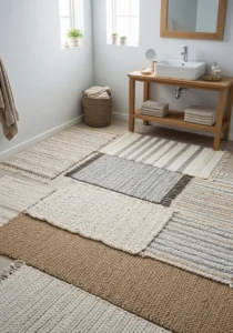 Layered rugs adding softness to bathroom
