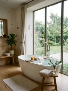 Freestanding bathtub beside large window, soft natural light, calm spa-like bathroom