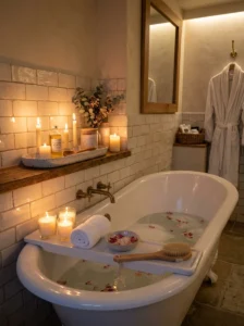 Candle corner beside bathtub in spa bathroom